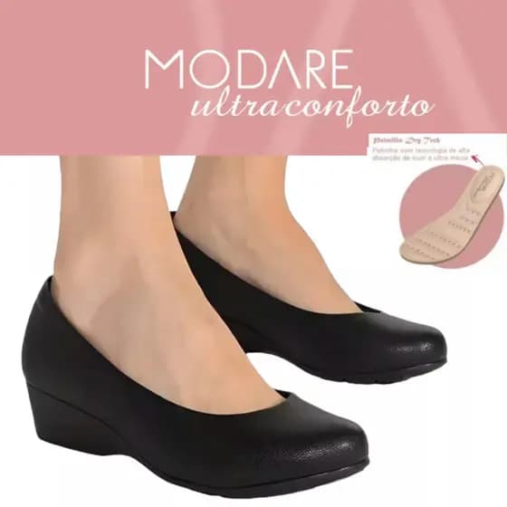 Sapato Feminino Modare Anabela UltraConforto Macio Trabalho Preto Ortopédico Joanete Esporão Básico