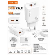 Carregador Turbo 40W, Carregador Original, QC 4.0, PD 3.0, USB-C, Carregamento Rápido, Fast Charger, Carregador Android,