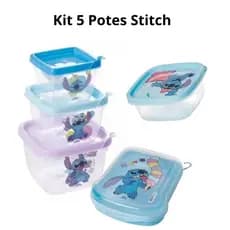 Potes de Plástico Kit de Potes Stitch para Armazenar Mantimentos Lanche Frutas Sanduiche Kit para Lancheira Stitch