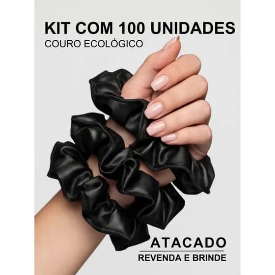 Kit 100 Scrunchies Couro Ecológico Preto Elástico Cabelo Para Revenda e Brinde
