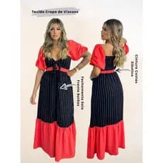 Vestido Rê Longo Feminino em Crepe de Viscose com Botões Cintura Ajustável e Bolso