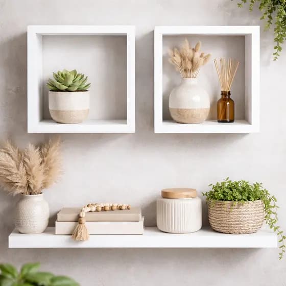 Kit 2 Nichos Quadrados 30x30 + Prateleira 80cm MDF Decorativo Suspenso