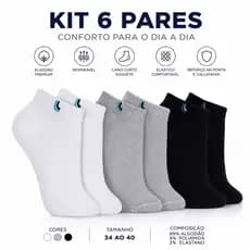 6 Pares de Meia Cano Curto Soquete Algodão Premium Masculina e Feminina - Meias Preto, Cinza, Branco