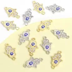 15pcs Estilo Turco Rhinestones lnlaid Hamsa Hand & Blue Evil Eye Enamel Connectors Fatima Símbolo Homens Amuleto