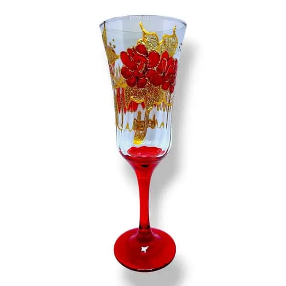 Taça Champanhe Lirio Pomba Gira Vermelha E Dourado Luxo Umbanda Quimbanda - Vidro Resistente