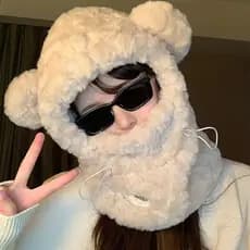 Gorro com Orelhas de Urso de Pelúcia, Balaclava com Proteção de Pescoço Reforçada, Gorro à Prova de Vento com Proteção p