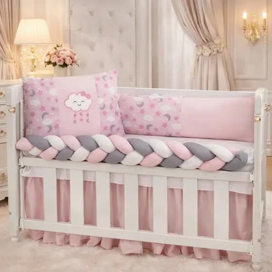 Kit Para Mini Berço 6 Peças Trança E Mosquiteiro Feminino Nova Coleção