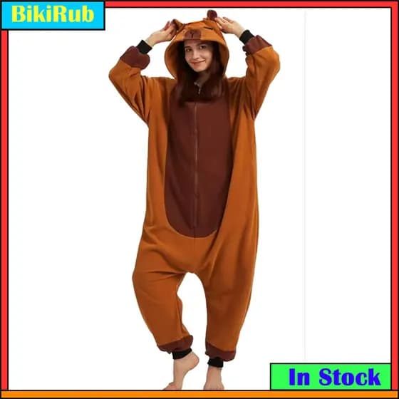 Unissex Kigurumi Marrom Capivara Dos Desenhos Animados Pijamas De Flanela Feminino Masculino Com Capuz Macacões Animais