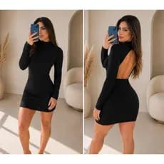 Vestido Curto Feminino Manga Longa Aberto nas Costas Justo Modelador Basico Casual