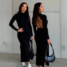 Vestido Midi Longo Manga Comprida Costa Nua Gola Alta Com Fenda Na Lateral Basico Casual