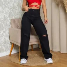 wide leg jeans pantalona cintura alta preta rasgo no joelho