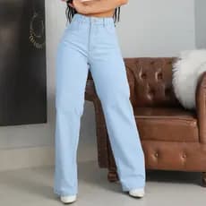 calça jeans pantalona wide leg cintura alta lisa premium