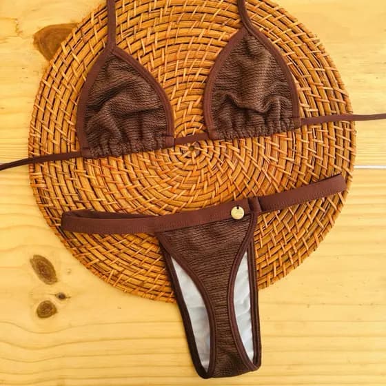 conjunto biquíni Cortininha fita bronze tecido anarruga