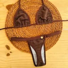 conjunto biquíni Cortininha fita bronze tecido anarruga