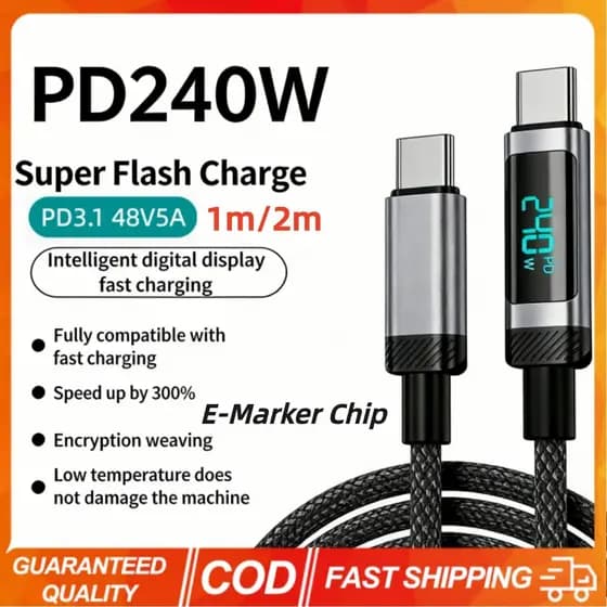2 Pçs 240W PD3.1 48V5A Cabo De Carregamento Rápido USB C Para Tipo Display Digital 1M/2M Fio De Dados Mobeil Telefone Ma