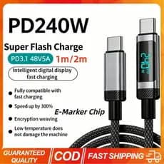 2 Pçs 240W PD3.1 48V5A Cabo De Carregamento Rápido USB C Para Tipo Display Digital 1M/2M Fio De Dados Mobeil Telefone Ma