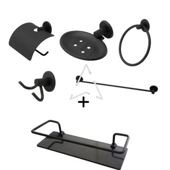 Kit Acessório Stander Para Banheiro Inox 05 Peças + 01 porta Shampoo Reto Preto