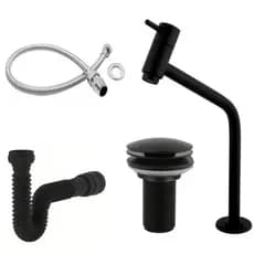 Combo Torneira Link ABS Preta para Lavatório + Engate 40cm + Sifão Preto + Válvula Clic ABS