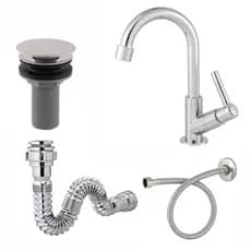 Combo Torneira Lavatório 1198 ABS Cromada + Engate 40cm + Sifão Cromado + Válvula Clic ABS – Kit Completo Banheiro