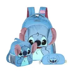 Kit Mochila Costas Stitch Pelucia Lancheira E Estojo Triplo