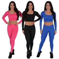 Conjunto Fitnes Calça Leg Legging Top Feminino Cropped Manga Longa Treino Academia Suplex Esportivo