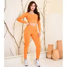 Conjunto Fitness Calça Leg Top Feminino Cropped Duplo Manga Longa Treino Academia Suplex Manga Longa