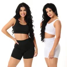 Kit 2 Conjunto Academia Fitness Feminino Short Cintura Alta Top Camiseta Suplex Moda Treino