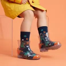 Galocha Infantil Menino Com Meia Dinossauro Confortável Chuva Bota Impermeável