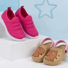 Kit Tênis Infantil Menina Calce Fácil Escolar + Sandália Babuche Infantil Feminino Macia E Leve