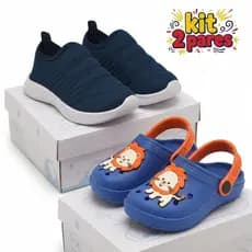 Kit Tênis Infantil Menino Slip On + Babuche Infantil Calce Fácil Macio e Confortável