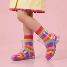 Kit Galocha Infantil Menina Impermeável Cano Baixo com Meia Colorida Proteção Chuva e Frio