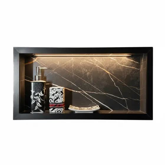 Nicho Banheiro em Porcelanato Mod Azul Escuro Marmorizado 30x60 com F LED - bordas em alumínio