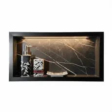 Nicho Banheiro em Porcelanato Mod Azul Escuro Marmorizado 30x60 com F LED - bordas em alumínio