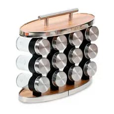 Porta Tempero Madeira E Inox Com 12 Potes Para Armazenamento