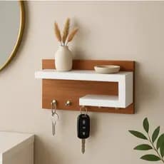 Porta-Chaves de Parede com Prateleira Decorativa em MDF 25x13x8,5 cm – Design Moderno Amadeirado e Branco