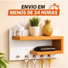 Kit 2 Porta Chaves Organizador Prateleira Premium com ganchos em MDF | Banco + Freijó | Freijó + Branco | Branco