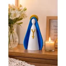 Escultura Decorativa Nossa Senhora com Manto Azul e Halo Dourado