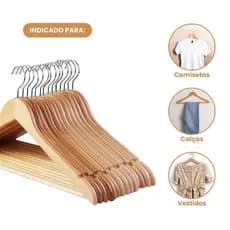 Jogo 3 Cabides Madeira Verniz Slim Adulto Closet Armário Camisas Casacos Calças Gancho Reforçado