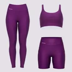 Kit Fitness Feminino 3 Peças Top + Legging + Short com Bolso Cintura Alta Zero Transparência
