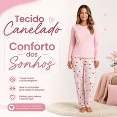 Pijama Feminino Inverno Canelado Blusa Manga Longa e Calça Estampada