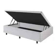 Cama Box com Base Baú Solteiro 88x188x42cm Courino Linho Branco com pistão a gás B&G