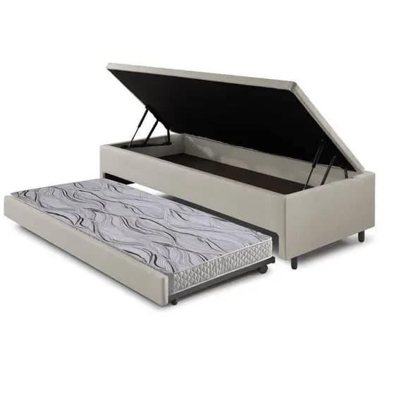 Bicama Box com Baú Solteiro Courino Linho Areia 88x188 com Colchão Auxiliar Ecoflex