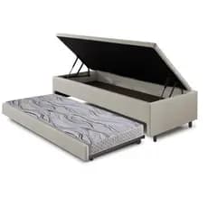 Bicama Box com Baú Solteiro Courino Linho Areia 88x188 com Colchão Auxiliar Ecoflex