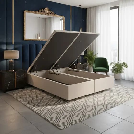 Cama Box Baú Queen 158x198x42cm Courino Linho Areia com Pistão a Gás