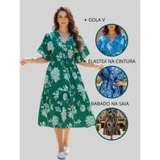 Vestido Feminino Midi Estampado Elástico/Cintura Gola V Modelo Bata Elegante  Moda 2026 Casual Verão