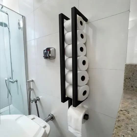 Suporte Papel Higiênico Industrial em Ferro Preto ou Dourado Banheiro ou Lavabo 6 Rolos + 1 em Uso Parede ou Chão