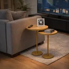 Kit 2 Mesas Laterais Redondas para Sala Mesas de Apoio Decorativa Moderna Industrial com Pé de Ferro