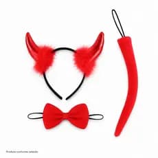 Kit Diabinha Fantasia Vermelho Tiara Chifres Rabo e Gravata para Look Temático