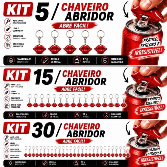Chaveiro Abridor de Lata Boca Beijo  Kit 5 / 15 / 30 un. | Presente Criativo