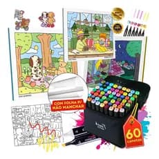 Kit Livro de Colorir 60 Cores Canetinha Touch Ponta Dupla Marcador